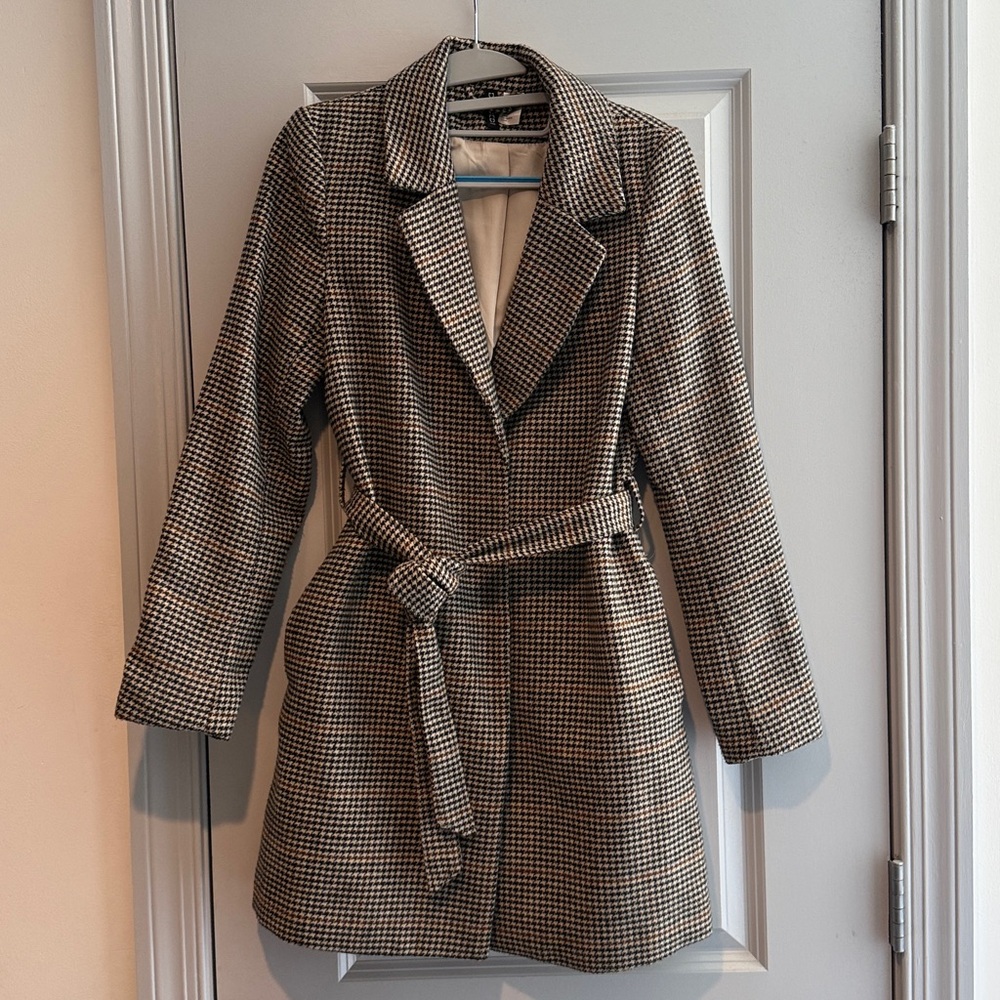 H&M tie belt houndstooth coat size small - Picture 2 of 5
